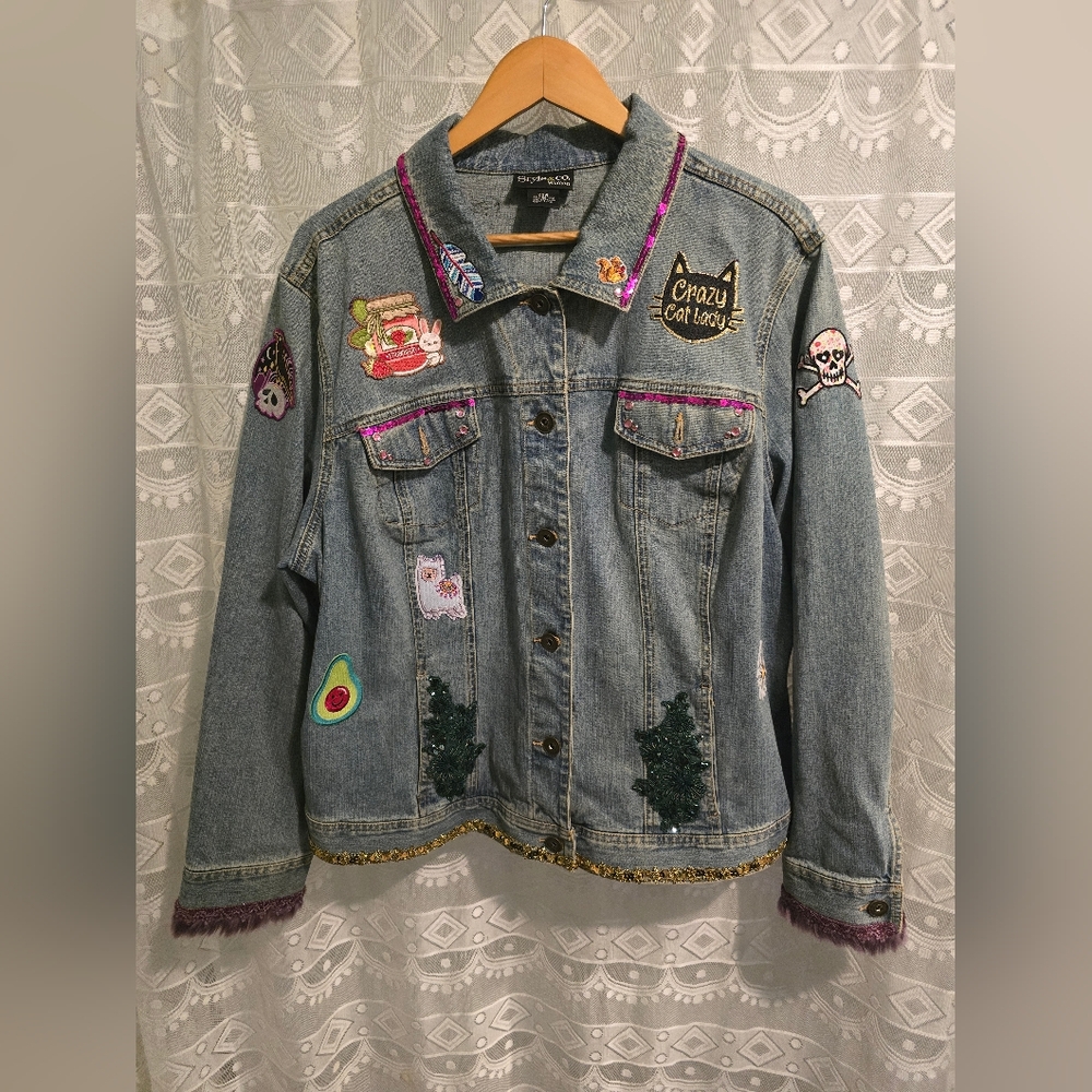 Style & Co. Woman Blue Jean Jacket Women's 22W Patches Sequins Beads Faux Fur